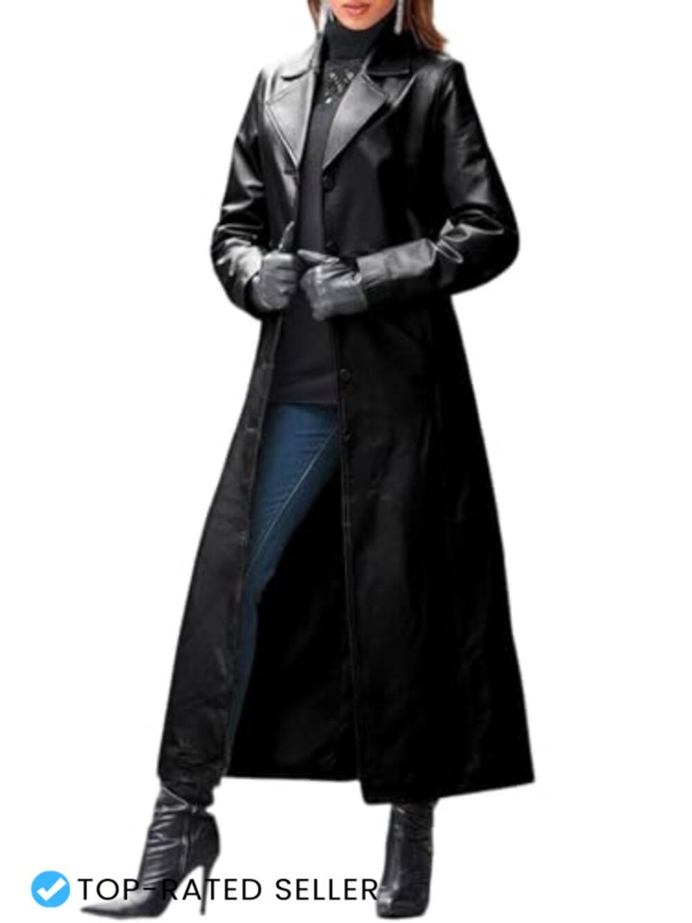 Faux Leather Trench Coat Classic Lapel Button Down Maxi Overcoat